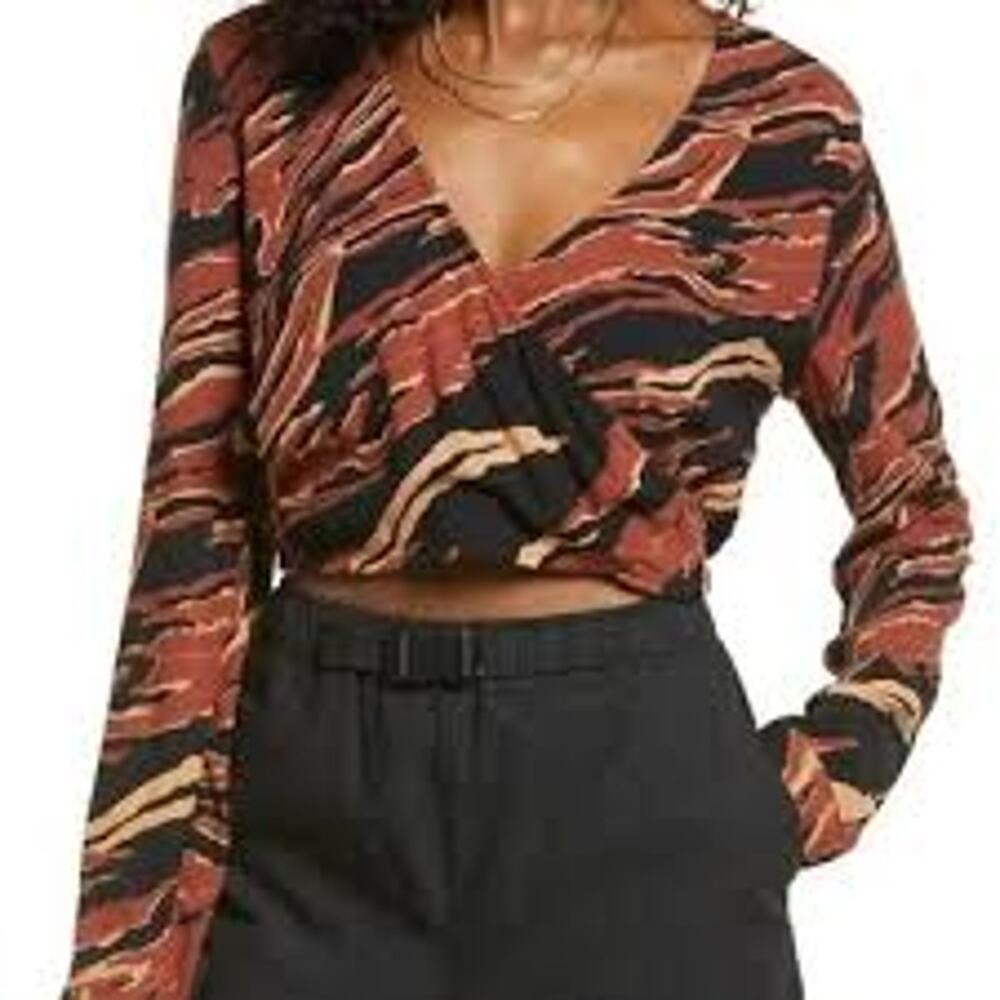 BP. Surplice V-neck Crop Top Long Sleeve Brown Burnout Tiger Stripe Size S NWOT